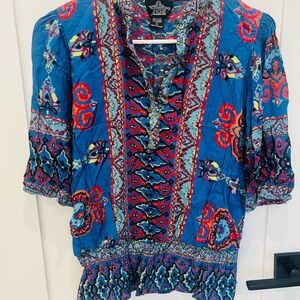 Angie Turquoise Paisley-Print V-Neck Tunic with Multicolor Embroidery
